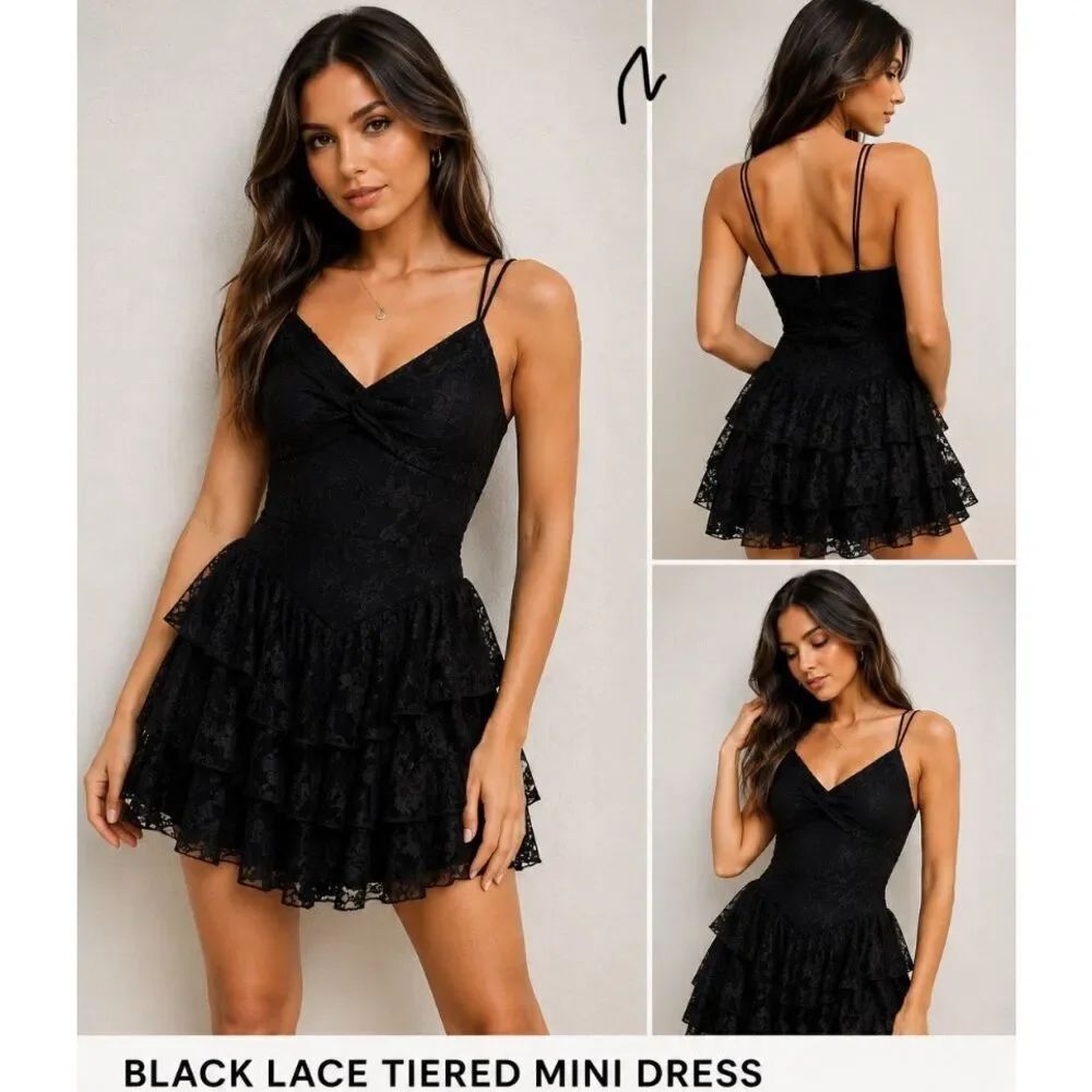 NWT Black Lace Tiered Mini Dress XS Coquette Fairycore Party Dress